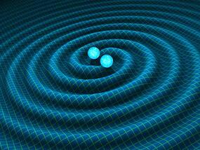 a simulated image with two spheres in the middle, and ripples extending out from them over a wireframe surface, depicting gravitational waves