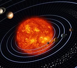 map of the solar system, showing rings for the planet's orbits