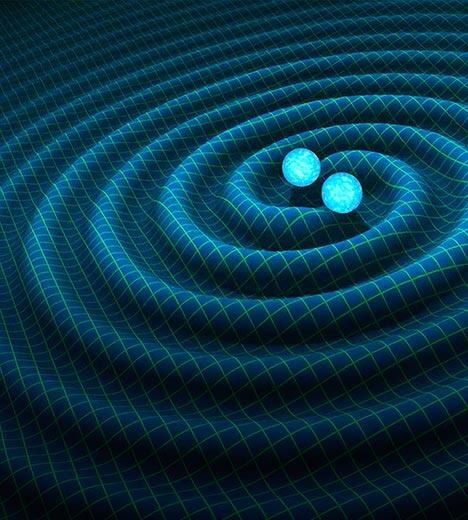 Digital rendering of a gridded, raised spiral with two spheres at the center of the spiral.