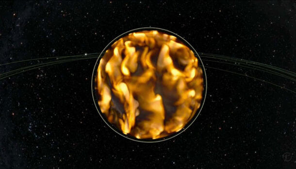 A graphic of what looks like a large ball of yellow wavy flames against a black outer space-like background.