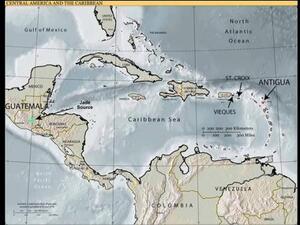 A map including Central America, Caribbean Sea, Cuba, Caribbean Islands, tip of Florida, and parts of the Gulf of Mexico, North Atlantic Ocean, and northern coast of South America.