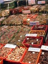 A fresh food market with crates of items presented in baskets with signs.