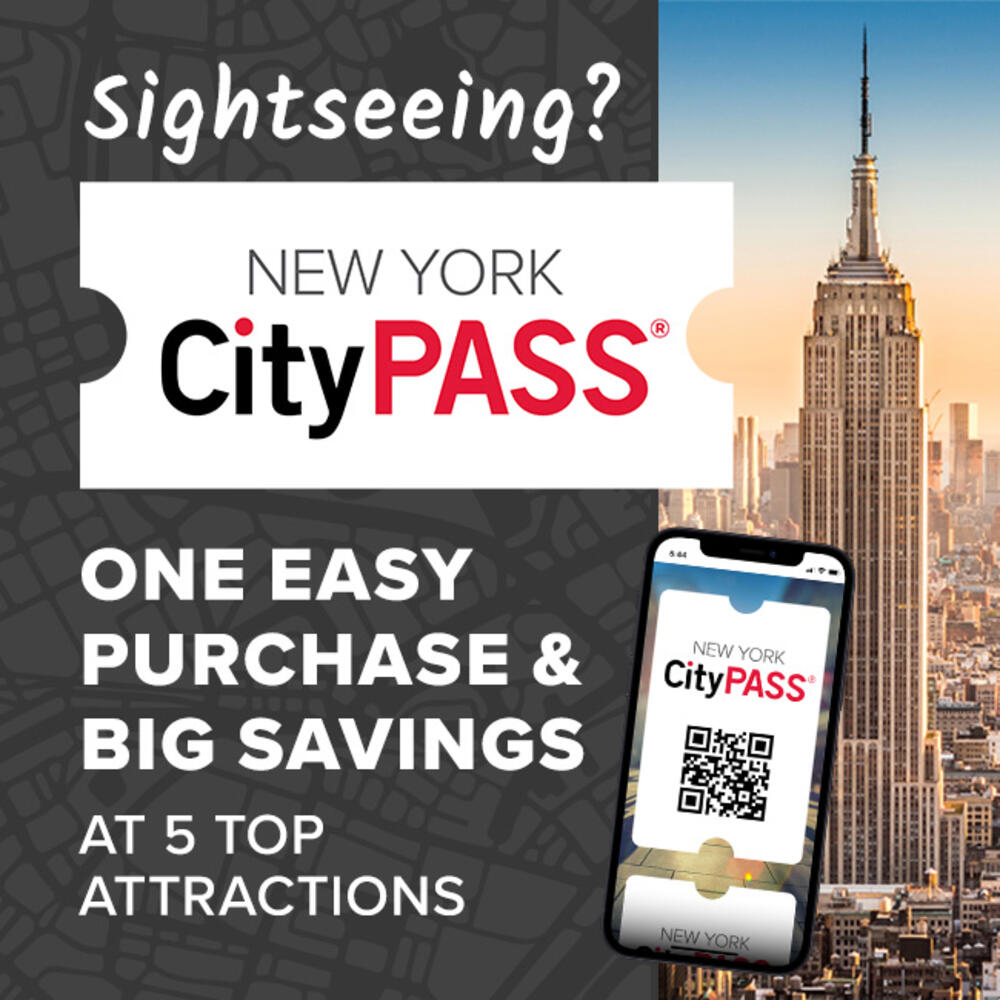CityPass ticket savings promo with cellphone with a CityPASS QR code screenshot, collaged over an image of the Empire State Building.