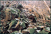 A close-up of small jagged boulders amid dry brush and some snow
