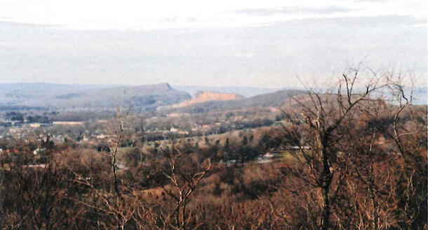 A landscape with scrubby dry brush in the foreground and rolling dry hills in the background.