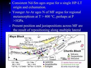 A slide with text about rock origins and metamorphism, and a map showing the locations of faults and deposits of jadeitite, amphibolite, and eclogite.