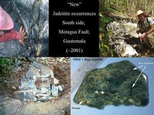 A slide titled "New" Jadeitite occurrences South side, Motagua Fault, Guatemala, 2001" with photos of gray boulders and a specimen of blue jadeitite.