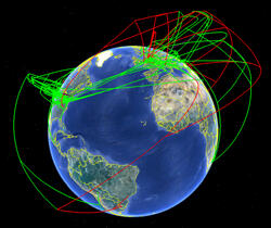 A visualization of Earth with red or green thin lines encircling different areas.