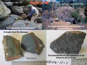 A slide titled "North of MF" with photos of a person working amid large boulders, a person with large boulder, and three gray specimens.