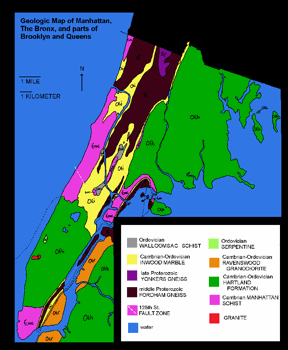 A geologic map of Manhattan, the Bronx, and parts of Queens and Brooklyn.