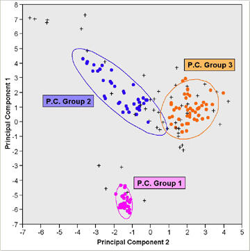 A graph with three areas shown as dots enclosed within a larger oval. They represent PC Group 1, PC Group 2, and PC Group 3.