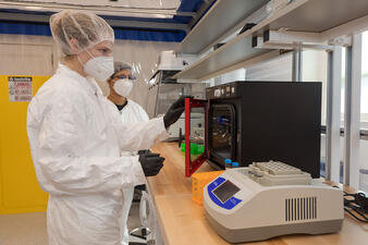 Researchers wearing protective gear places specimens into a table-top oven.