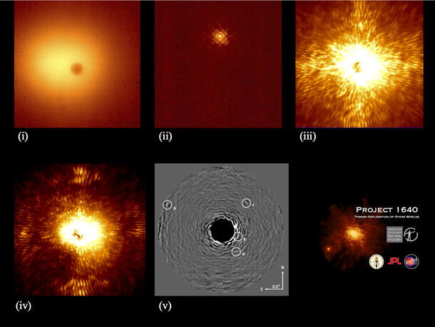 Series of five images showing how a "portrait" of four planets orbiting a star was obtained.