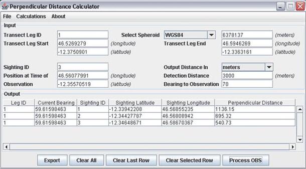 Screenshot of interface where data is entered to obtain a perpendicular distance result.