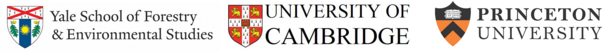 Logos for Yale University's School of Forestry and Environmental Studies,  University of Cambridge, Princeton University emblems