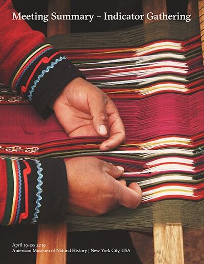 Cover for "Meeting Summary - Indicator Gathering, April 19-20, 2019 AMNH" over an image of two hands embroidering with colorful thread on a loom.
