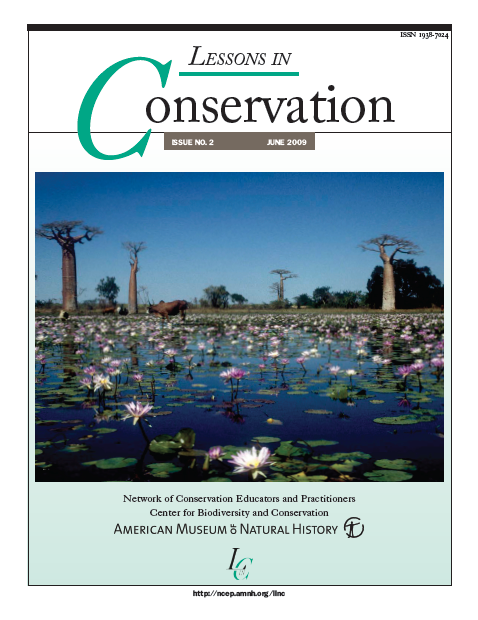 Cover of the magazine: Lessons in Conservation, Issue no. 2, June 2009. A large perhaps water buffalo stands in a wide pond with what look like water lilies, beneath a clear sky.