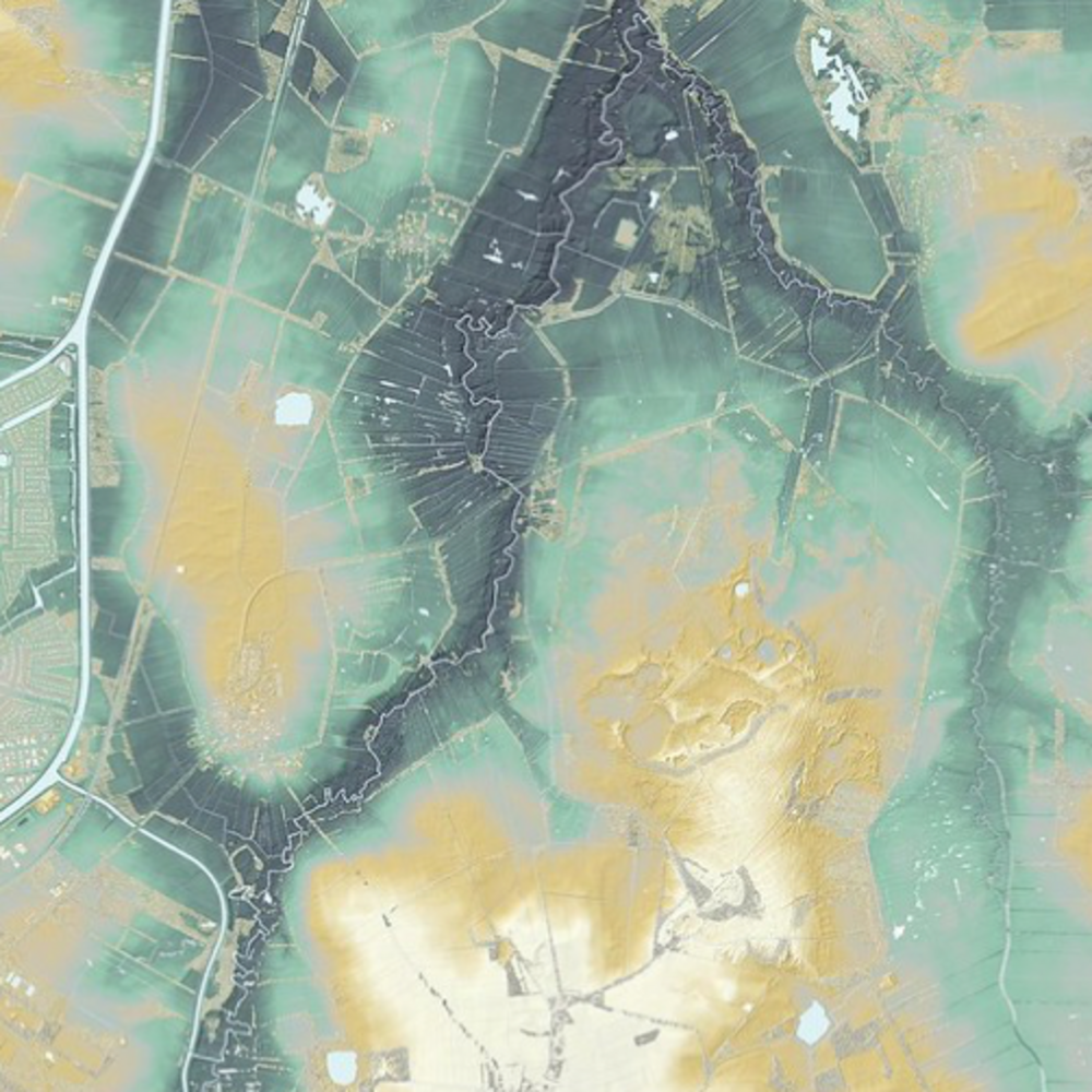 GIS-generated map showing layers in yellow, grey, and green