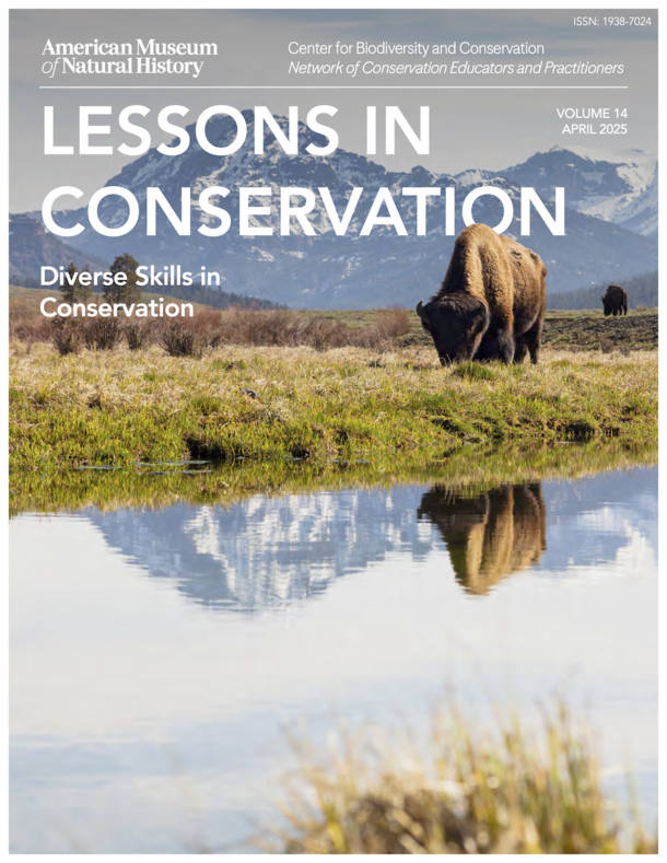 The cover of lessons in conservation has a bison reflected in the water with mountains behind.