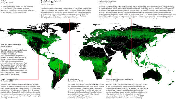 green and white map of the world showing geographic location, aims and methods applied for the seven empirical studies.