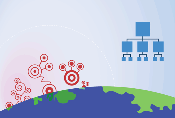 An illustrated graphic of earth with replicating swirls and target circles to the left and cubes to the right.