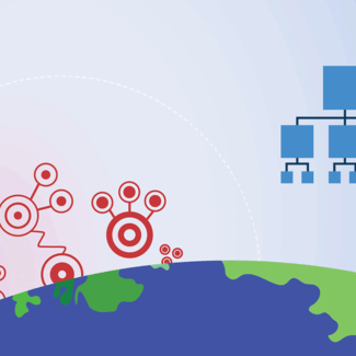 An illustrated graphic of earth with replicating swirls and target circles to the left and cubes to the right.