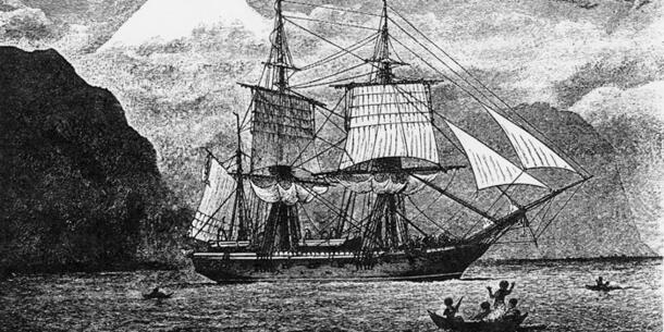 Engraved image of the H.M.S Beagle on its voyage. Black and white