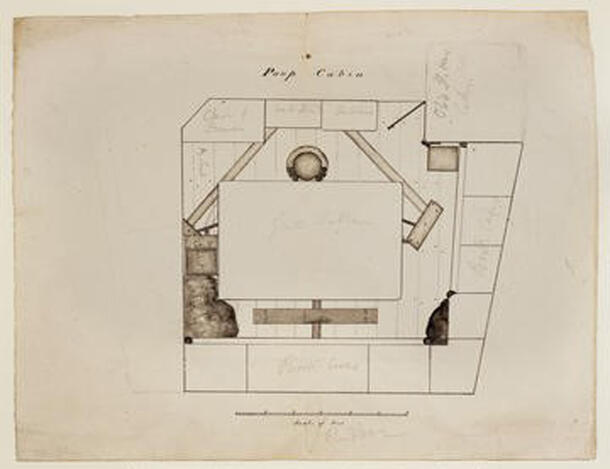 Drawing of Darwin's quarters aboard the HMS Beagle