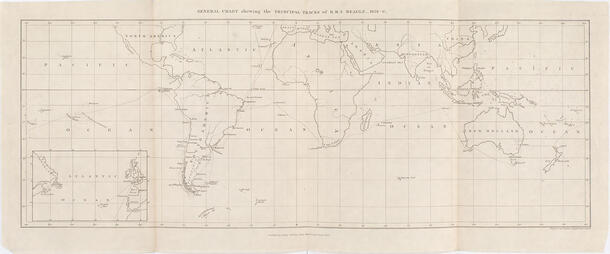 A world map depicting the voyage of the HMS Beagle.