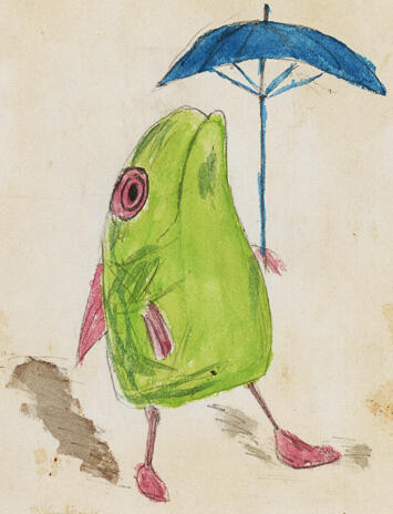 Fish with feet and an umbrella