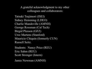 A slide acknowledging collaborators Tatsuki Tsujimori, Sidney Hemming, Charlie Mandeville, George Rossman, Birgid Plesson, Uwe Martens, Mauricio Chiquin, Russell Seitz, students Nancy Price and Eric Sahm, intern Scott Strenger, and Jamie Newman.