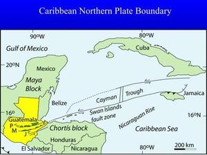 A visual presentation slide titled "Caribbean Northern Plate Boundary" with a map including areas of Mexico, the Gulf of Mexico, Central America, Cuba, and the Caribbean Sea.