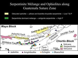 A slide titled "Serpentinite Melange and Ophiolites along Guatemala Suture Zone" with a map of geologic features.