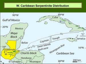 West Caribbean Serpentinite Distribution slide showing areas in Mexico, Guatemala, Honduras, El Salvador, Nicaragua, Cuba, and Jamaica.