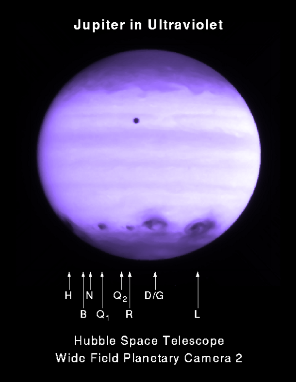 The planet Jupiter below text "Jupiter in Ultraviolet" and above text "Hubble Space Telescope Wide Field Planetary Camera 2."