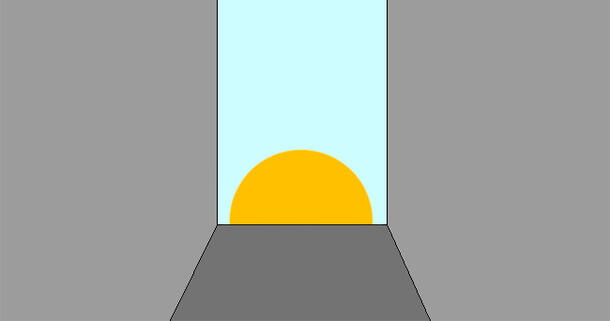 An illustration depicting a half sun on the horizon, framed by city buildings - an event referred to as "half sun on the grid" during Manhattanhenge.