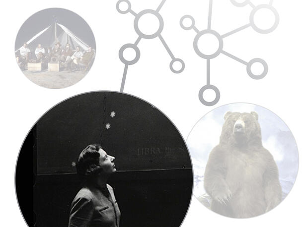 Graphic of molecular stick and ball model connecting to circular images of Alaska Brown Bear, a person in profile, and a group of people in a tent.