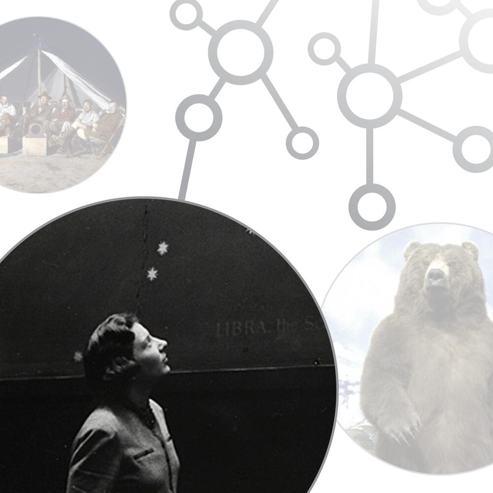 Graphic of molecular stick and ball model connecting to circular images of Alaska Brown Bear, a person in profile, and a group of people in a tent.