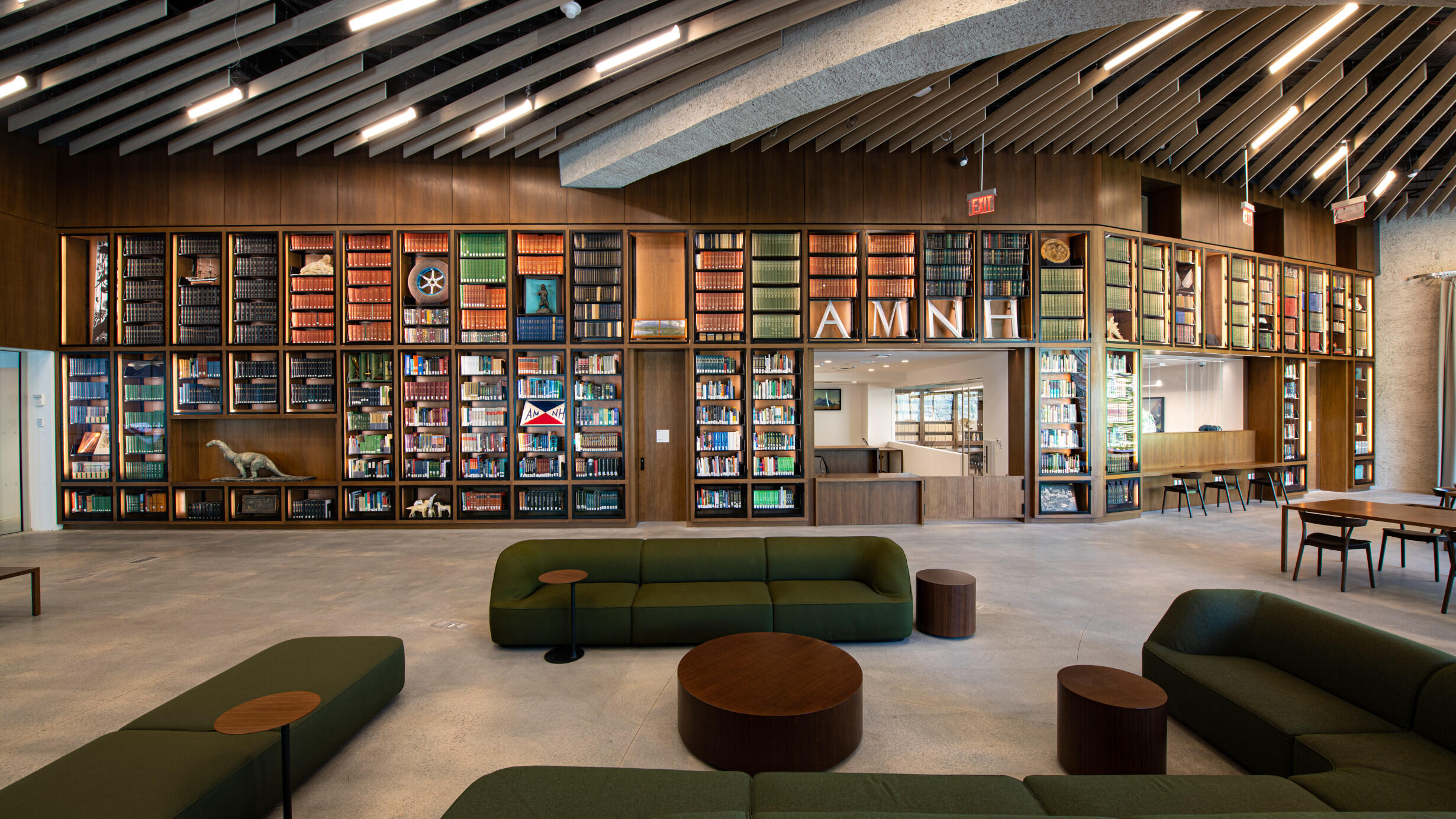 The Gottesman Library's great range wall display with reference books and archival objects.