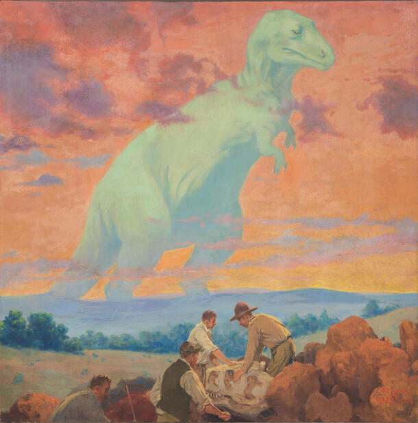 Painting depicting a green Tyrannosaurs Rex with expedition members excavating fossils in the foreground.