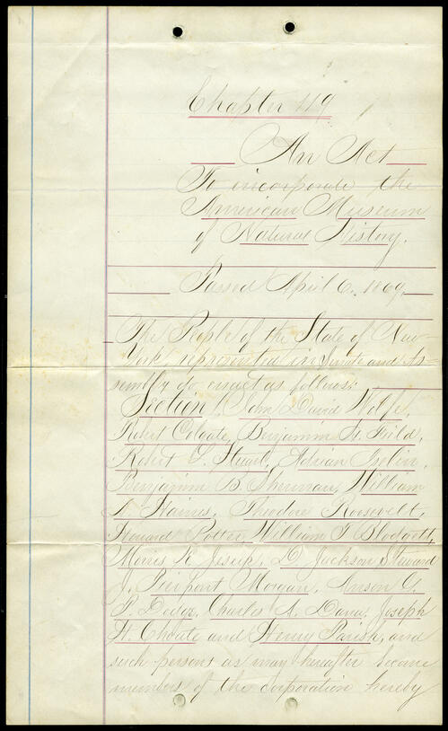 Page one of the charter of incorporation by the State of New York establishing a Museum and Library of natural history in New York City, 1869.