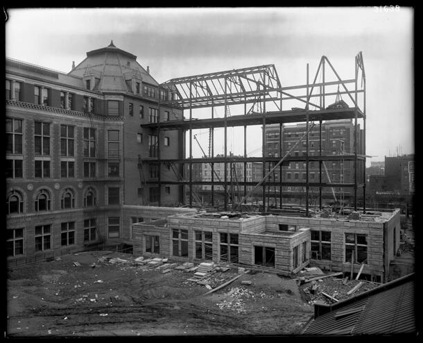 South wing of the west facade in course of construction, AMNH
