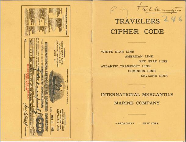From Central Archives: 1911 International Mercantile Marine Company Travelers Cipher Code book, Cover.