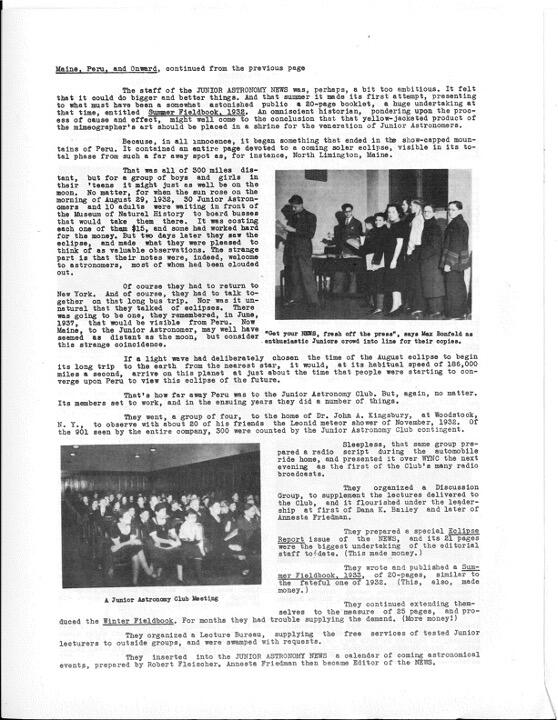 March 1939 Junior Astronomy News, p. 2: Maine, Peru, and Onward