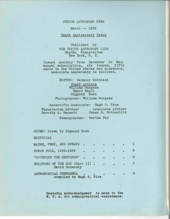 March 1939 Junior Astronomy News: Table of Contents