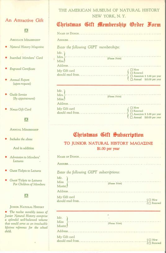 1940s order form for American Museum of Natural History Christmas Gift Membership or Gift Subscription to Junior Natural History Magazine.