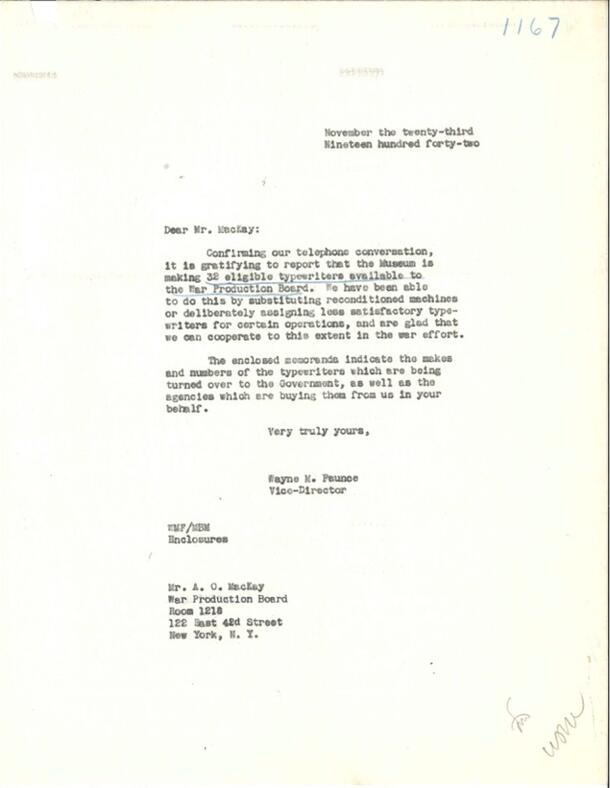 1942 letter from Museum Vice-director Wayne Faunce to A. O. MacKay of the War Production Board confirming the availability of 32 typewriters.