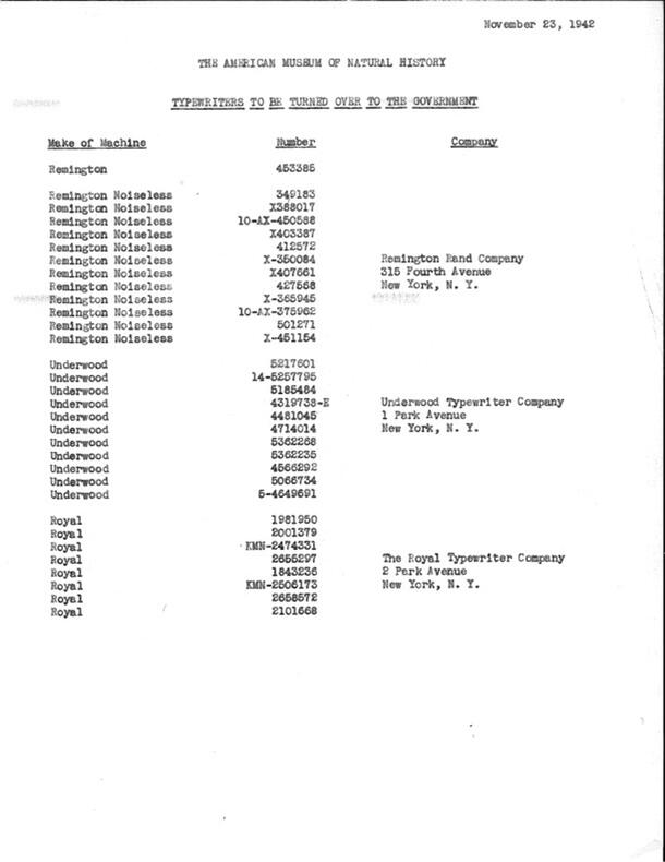 1942 list of typewriters to be turned over to the government.