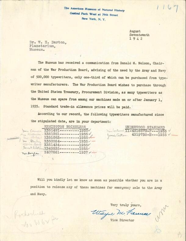 1942 letter from Wayne Faunce to William Barton inquiring about the distribution of typewriters for war effort.