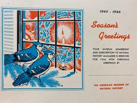 1945-1946 membership renewal greeting card featuring bird and wreath artwork.